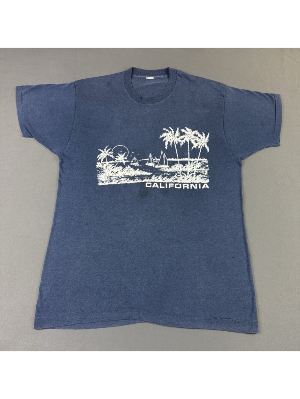 Rare Vintage 80s California Beach Art Boat Sun Fade Navy Blue Single Stitch Tee